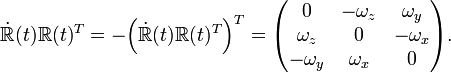   \dot{\mathbb{R}}(t)\mathbb{R}(t)^T = -\Big(  \dot{\mathbb{R}}(t) \mathbb{R}(t)^T\Big)^T = \begin{pmatrix} 0         & - \omega_z &   \omega_y \\ \omega_z  &    0       & - \omega_x \\ -\omega_y & \omega_x   &    0       \\ \end{pmatrix}. 