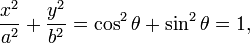 
\frac{x^2}{a^2}  + \frac{y^2}{b^2} = \cos^2\theta+\sin^2\theta = 1,
