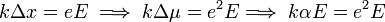 k\Delta x = e E\;  \Longrightarrow\; k \Delta\mu = e^2 E  \Longrightarrow\; k\alpha E = e^2 E 