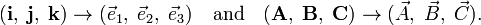 
(\mathbf{i}, \;\mathbf{j}, \; \mathbf{k}) \rightarrow (\vec{e}_1, \; \vec{e}_2,\;  \vec{e}_3)
\quad\hbox{and}\quad
(\mathbf{A}, \;\mathbf{B}, \; \mathbf{C}) \rightarrow (\vec{A}, \; \vec{B},\;  \vec{C}).
