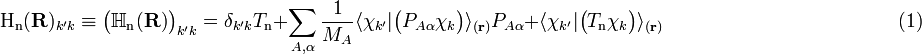  \mathrm{H_n}(\mathbf{R})_{k'k}\equiv \big(\mathbb{H}_\mathrm{n}(\mathbf{R})\big)_{k'k}  = \delta_{k'k} T_{\textrm{n}}         + \sum_{A,\alpha}\frac{1}{M_A} \langle\chi_{k'}|\big(P_{A\alpha}\chi_k\big)\rangle_{(\mathbf{r})} P_{A\alpha} + \langle\chi_{k'}|\big(T_\mathrm{n}\chi_k\big)\rangle_{(\mathbf{r})} \qquad\qquad\qquad\qquad\qquad\qquad(1) 
