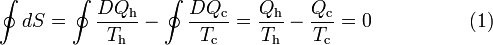 
\oint dS = \oint \frac{DQ_\mathrm{h}}{T_\mathrm{h}} -  \oint \frac{DQ_\mathrm{c}}{T_\mathrm{c}} = 
\frac{Q_\mathrm{h}}{T_\mathrm{h}} - \frac{Q_\mathrm{c}}{T_\mathrm{c}} = 0 \quad\qquad\qquad (1)
