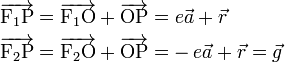
\begin{align}
\overrightarrow{\mathrm{F}_1\mathrm{P}} = \overrightarrow{\mathrm{F}_1\mathrm{O}} +\overrightarrow{\mathrm{O}\mathrm{P}}  =&\; e \vec{a} + \vec{r} \\
\overrightarrow{\mathrm{F}_2\mathrm{P}} = \overrightarrow{\mathrm{F}_2\mathrm{O}} +\overrightarrow{\mathrm{O}\mathrm{P}}  =& - e \vec{a} + \vec{r} = \vec{g}\\
\end{align}
