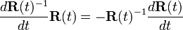 
\frac{d\mathbf{R}(t)^{-1}}{dt} \mathbf{R}(t) =  - \mathbf{R}(t)^{-1}\frac{d\mathbf{R}(t)}{dt}
