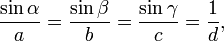 
\frac{\sin\alpha}{a} = \frac{\sin\beta}{b}= \frac{\sin{\gamma}}{c} = \frac{1}{d},
