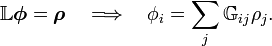  \mathbb{L}\boldsymbol{\phi} =  \boldsymbol{\rho}\quad \Longrightarrow \quad  \phi_i = \sum_{j} \mathbb{G}_{ij} \rho_j.  