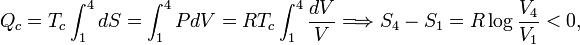  Q_c = T_c \int_1^4 dS   = \int_1^4 P dV = RT_c \int_1^4 \frac{dV}{V} \Longrightarrow S_4-S_1 = R \log \frac{V_4}{V_1} < 0, 