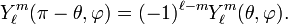 Y_\ell^m(\pi-\theta, \varphi) = (-1)^{\ell-m} Y_\ell^m(\theta, \varphi).