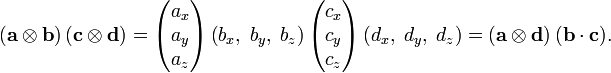  (\mathbf{a}\otimes\mathbf{b})\,   (\mathbf{c}\otimes\mathbf{d})= \begin{pmatrix} a_x\\ a_y \\ a_z \end{pmatrix} \left(b_x,\;b_y,\; b_z\right) \begin{pmatrix}c_x\\ c_y\\ c_z\end{pmatrix} \left(d_x,\;d_y,\; d_z\right) = (\mathbf{a}\otimes\mathbf{d})\, (\mathbf{b}\cdot\mathbf{c}). 