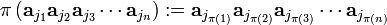 
\pi \left( \mathbf{a}_{j_1} \mathbf{a}_{j_2} \mathbf{a}_{j_3} \cdots \mathbf{a}_{j_n}  \right)
:= \mathbf{a}_{j_{\pi(1)}} \mathbf{a}_{j_{\pi(2)}} \mathbf{a}_{j_{\pi(3)}} \cdots \mathbf{a}_{j_{\pi(n)}}
