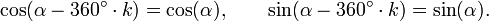 
\cos(\alpha - 360^\circ\sdot k) = \cos(\alpha),\qquad\sin(\alpha - 360^\circ\sdot k) = \sin(\alpha).
