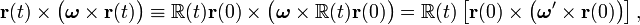  \mathbf{r}(t) \times \big(\boldsymbol{\omega} \times \mathbf{r}(t)\big) \equiv \mathbb{R}(t)\mathbf{r}(0) \times \big(\boldsymbol{\omega} \times \mathbb{R}(t)\mathbf{r}(0) \big) = \mathbb{R}(t)\left[ \mathbf{r}(0) \times\big(\boldsymbol{\omega}' \times \mathbf{r}(0) \big) \right],  