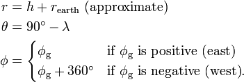 
\begin{align}
r &= h + r_\mathrm{earth} \mbox{ (approximate)}\\
\theta &= 90^\circ - \lambda \\
\phi &=
\begin{cases}
 \phi_\mathrm{g} & \mbox{if }\phi_\textrm{g} \mbox{ is positive (east)} \\
 \phi_\mathrm{g} +360^\circ & \mbox{if }\phi_\textrm{g} \mbox{ is negative (west)}.
\end{cases}
\end{align}
