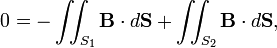  0 = -\iint_{S_1} \mathbf{B}\cdot d\mathbf{S} + \iint_{S_2} \mathbf{B}\cdot d\mathbf{S}, 