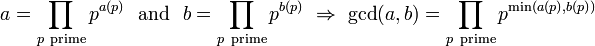  a = \prod_{p\ \rm prime} p^{a(p)} \ \textrm{\ and\ }\ b = \prod_{p\ \rm prime} p^{b(p)} \ \Rightarrow \  \mathop{\rm gcd}(a,b) = \prod_{p\ \rm prime} p^{\min(a(p),b(p))} 