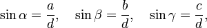  
\sin\alpha = \frac{a}{d}, \quad\sin\beta = \frac{b}{d},\quad\sin\gamma = \frac{c}{d},
