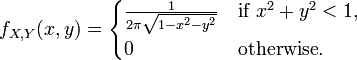  f_{X,Y} (x,y) = \begin{cases}
  \frac1{2\pi\sqrt{1-x^2-y^2}} &\text{if } x^2+y^2<1,\\
  0 &\text{otherwise}.
 \end{cases} 