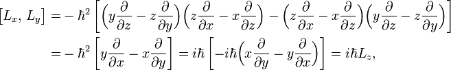  \begin{align}  \big[L_x,\, L_y\big] =& -\hbar^2\left[ \Big( y \frac{\partial}{\partial z} - z \frac{\partial}{\partial y}\Big)  \Big( z \frac{\partial}{\partial x} - x \frac{\partial}{\partial z}\Big) - \Big( z \frac{\partial}{\partial x} - x \frac{\partial}{\partial z}\Big)\Big( y \frac{\partial}{\partial z} - z \frac{\partial}{\partial y}\Big) \right] \\ =& -\hbar^2\left[ y \frac{\partial}{\partial x}  - x \frac{\partial}{\partial y} \right]  = i \hbar \left[-i\hbar \Big( x \frac{\partial}{\partial y}  - y \frac{\partial}{\partial x} \Big)\right] = i\hbar L_z, \\ \end{align} 