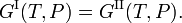  G^{\mathrm{I}}(T,P) = G^{\mathrm{II}}(T,P). \, 