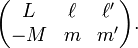 \begin{pmatrix}L  & \ell & \ell' \\-M & m    & m' \\\end{pmatrix}.