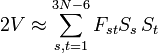  2V \approx \sum_{s,t=1}^{3N-6} F_{st} S_s\, S_t 