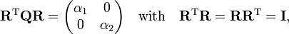 
\mathbf{R}^\mathrm{T} \mathbf{Q} \mathbf{R} =
\begin{pmatrix} \alpha_1 & 0 \\ 0 &\alpha_2\end{pmatrix}\quad \hbox{with}\quad
\mathbf{R}^\mathrm{T}\mathbf{R} = \mathbf{R}\mathbf{R}^\mathrm{T}= \mathbf{I},
