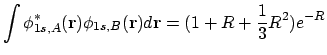 $\displaystyle \int \phi_{1s,A}^\ast({\bf r}) \phi_{1s,B}({\bf r}) d{\bf r}
= (1+R+\frac{1}{3}R^2) e^{-R}$