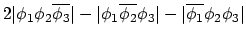 $\displaystyle 2 \vert \phi_1 \phi_2 \overline{\phi_3} \vert
- \vert \phi_1 \overline{\phi_2} \phi_3 \vert
- \vert \overline{\phi_1} \phi_2 \phi_3 \vert$