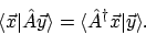 \begin{displaymath}
\langle{\vec{x}}\vert{\hat{A}\vec{y}}\rangle = \langle{\hat{A}^\dagger\vec{x}}\vert{\vec{y}}\rangle .
\end{displaymath}