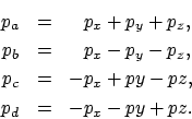 \begin{eqnarray*}p_a & = & \phantom{-}p_x+p_y+p_z,\\
p_b & = & \phantom{-}p_x-p_y-p_z,\\
p_c & = & -p_x+py-pz,\\
p_d & = & -p_x-py+pz .
\end{eqnarray*}