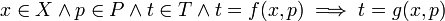 x \in X \and p \in P \and t \in T \and t = f(x, p) \implies t = g(x, p) \!