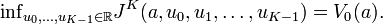 \mathop{\inf}_{u_{0},\ldots,u_{K-1}\in \mathbb{R}}J^K(a,u_0,u_1,\ldots,u_{K-1})=V_0(a).