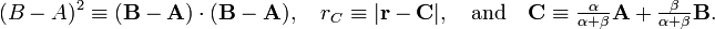 
(B-A)^2 \equiv (\mathbf{B}-\mathbf{A})\cdot(\mathbf{B}-\mathbf{A}),\quad  r_C \equiv
|\mathbf{r}-\mathbf{C}|,\quad\hbox{and}\quad 
\mathbf{C} \equiv \tfrac{\alpha}{\alpha+\beta} \mathbf{A} +\tfrac{\beta}{\alpha+\beta} \mathbf{B}.
