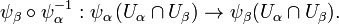 \qquad \psi_{\beta} \circ \psi_{\alpha}^{-1}: \psi_{\alpha} \left(U_{\alpha} \cap U_{\beta} \right) \rightarrow \psi_{\beta} (U_{\alpha} \cap U_{\beta}).