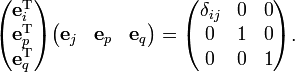 
\begin{pmatrix}
\mathbf{e}_i^\text{T} \\
\mathbf{e}_p^\text{T} \\
\mathbf{e}_q^\text{T} \\
\end{pmatrix}
\begin{pmatrix}
\mathbf{e}_j &
\mathbf{e}_p &
\mathbf{e}_q \\
\end{pmatrix}
=
\begin{pmatrix}
\delta_{ij} & 0 & 0 \\
0&1 &0 \\
0 & 0 & 1 \\
\end{pmatrix}.
