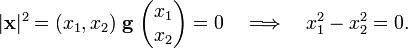 
|\mathbf{x}|^2 = (x_1, x_2)\; \mathbf{g}\; \begin{pmatrix} x_1\\x_2\end{pmatrix} = 0\quad \Longrightarrow \quad x_1^2 - x_2^2 = 0.  
