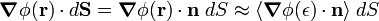  \boldsymbol{\nabla}\phi(\mathbf{r})\cdot d\mathbf{S} = \boldsymbol{\nabla}\phi(\mathbf{r})\cdot\mathbf{n}\;dS \approx \langle \boldsymbol{\nabla}\phi(\epsilon)\cdot\mathbf{n}\rangle \;dS 