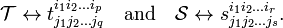 
\mathcal{T} \leftrightarrow t^{i_1 i_2 \ldots i_p}_{j_1 j_2 \ldots j_q}
\quad\hbox{and}\quad 
\mathcal{S} \leftrightarrow s^{i_1 i_2 \ldots i_r}_{j_1 j_2 \ldots j_s}.
