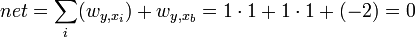 net = \sum_i ( w_{y,{x_i}} ) + w_{y,{x_b}} = 1 \cdot 1 + 1 \cdot 1 + (-2) = 0