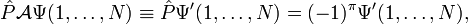  \hat{P} \mathcal{A}\Psi(1,\ldots, N) \equiv \hat{P} \Psi'(1,\ldots, N)=(-1)^\pi \Psi'(1,\ldots, N), 