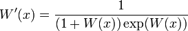 W'(x) = \frac{1}{(1+W(x))\exp(W(x))}