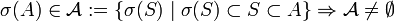   \sigma(A) \in \mathcal A := \{ \sigma(S) \mid \sigma(S) \subset S \subset A \}
          \Rightarrow \mathcal A \not= \emptyset 
 
