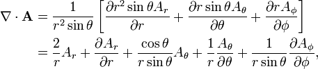 
\begin{align}
\nabla \cdot \mathbf{A} &= 
\frac{1}{r^2\sin\theta}\left[
 \frac{\partial  r^2\sin\theta A_r}{\partial r}
+\frac{\partial r\sin\theta  A_\theta }{\partial \theta}
+ \frac{\partial r A_\phi}{\partial \phi}\right] \\
& = \frac{2}{r} A_r + \frac{\partial A_r}{\partial r} + \frac{\cos\theta}{r\sin\theta} A_\theta
+ \frac{1}{r}\frac{A_\theta }{\partial \theta}+ \frac{1}{r\sin\theta}\frac{\partial A_\phi}{\partial \phi},
\end{align}
