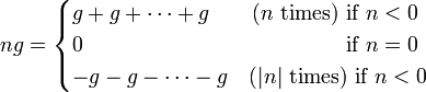 ng = \begin{cases} g+g+\cdots+g \qquad (n \text{ times}) \text{ if } n<0\\
0 \qquad \qquad \qquad \qquad \qquad \qquad \text{ if } n=0\\
-g-g-\cdots-g  \quad (|n| \text{ times}) \text{ if } n<0 \end{cases}