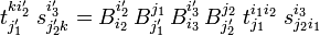 
t^{k i'_2}_{j'_1}\; s^{i'_3}_{j'_2 k}=
B^{i'_2}_{i_2} \, B^{j_1}_{j'_1}\,
B^{i'_3}_{i_3}\,  B^{j_2}_{j'_2}\;
t^{i_1 i_2}_{j_1}\; s^{i_3}_{j_2 i_1}
