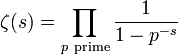  \zeta(s) = \prod_{p\ \mathrm{prime}} \frac{1}{1 - p^{-s}} 