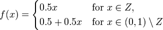 \displaystyle f(x) = \begin{cases}
 0.5 x &\text{for } x \in Z, \\
 0.5 + 0.5 x &\text{for } x \in (0,1) \setminus Z
\end{cases} 