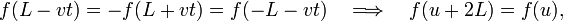 
f(L-vt) = -f(L+vt) = f(-L-vt)\quad \Longrightarrow\quad
f(u+2L) = f(u),
