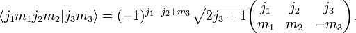 
\langle j_1 m_1 j_2 m_2 | j_3 m_3 \rangle = (-1)^{j_1-j_2+m_3}\sqrt{2j_3+1}
\begin{pmatrix}
  j_1 & j_2 & j_3\\
  m_1 & m_2 & -m_3
\end{pmatrix}.
