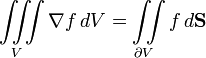 \iiint\limits_V \nabla f \, d V =
\iint\limits_{\partial V} f\,d\mathbf{S}